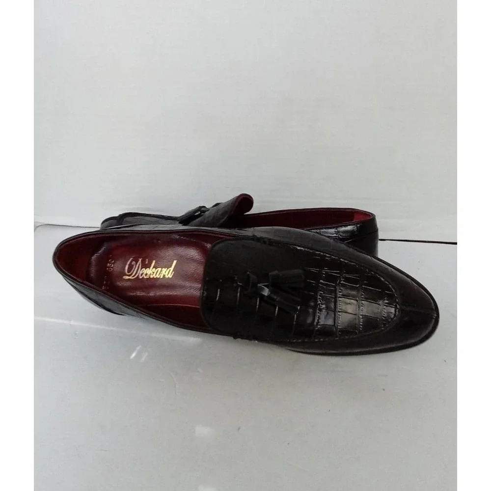 Deckard Mens Croc Embossed Leather Tassel Loafers Dark Brown Dress Shoes